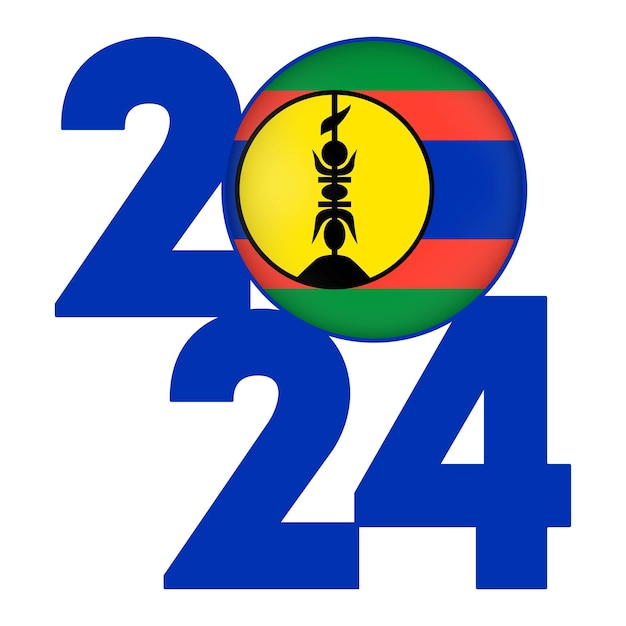 Banner de feliz año nuevo 2024 con la bandera de Nueva Caledonia dentro de la ilustración vectorial