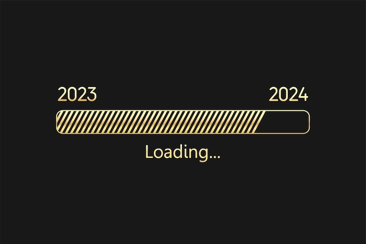 Vector banner de feliz año nuevo con carga 2024 ilustración de vector de vacaciones de fondo de números dorados 2024