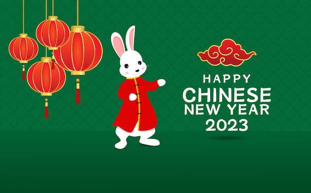 Banner de feliz año nuevo chino con linterna roja y conejo
