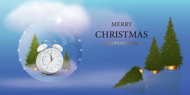Banner de feliz año nuevo y feliz Navidad Una bola de nieve de Navidad con árboles y un reloj despertador Globo de nieve de cristal Diseño 3D realista Un objeto festivo de Navidad Cartel de vacaciones Saludo del título del sitio web
