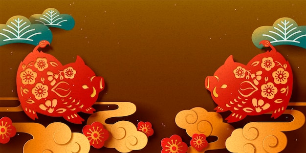 Banner de feliz año nuevo japonés con jabalí de estilo de corte de papel sobre fondo de bronce