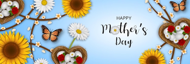 Banner de feliz día de la madre con flores, mariposas y nidos en forma de corazón