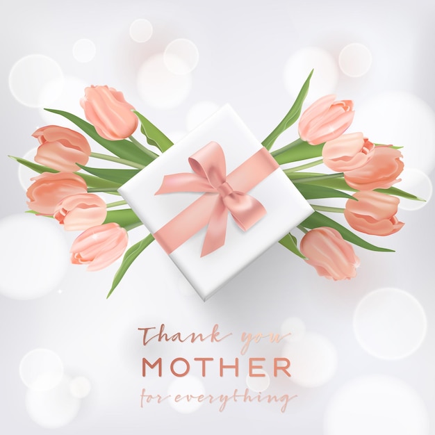 Banner de feliz día de las madres con flores de tulipán. Diseño del día de la madre con caja de regalo para tarjeta de felicitación, folleto, cartel, plantilla de venta de folleto. Ilustración vectorial