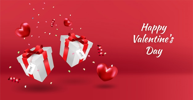 Banner de feliz día de san valentín con corazones de lujo rojo, caja de regalos y brillo.