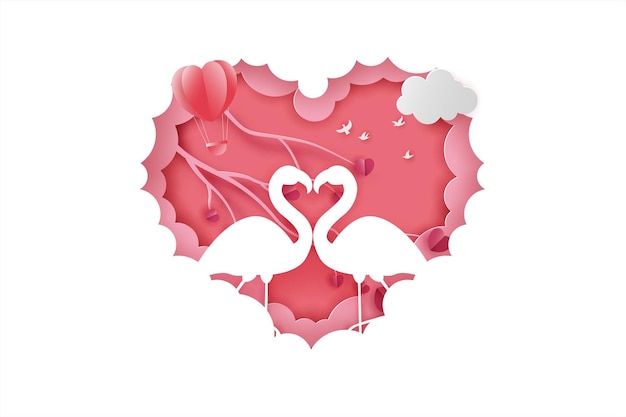 Banner de feliz día de san valentín con pareja ganso o cisne amor y estilo de corte de papel de árbol