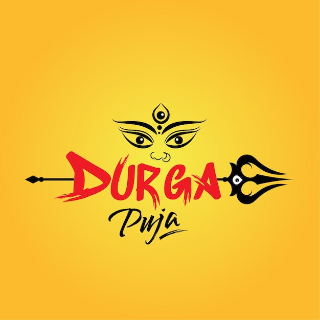 Banner feliz de durga puja con ilustración y letras de la cara de la diosa durga