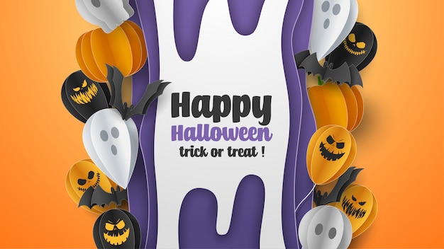 Banner de feliz Halloween en estilo de corte de papel.
