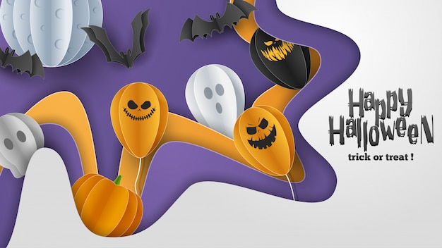 Banner de feliz Halloween en estilo de corte de papel.