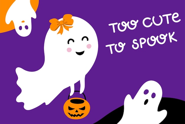 Banner de feliz Halloween con lindos fantasmas blancos y una cita sobre fondo morado. Cita demasiado linda para asustar.