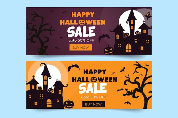 Banner de feliz halloween con murciélagos y árboles y calabazas