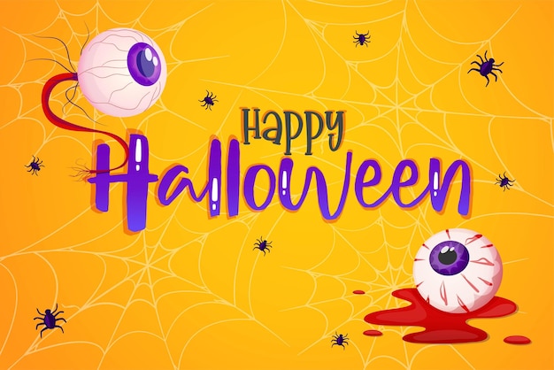 Banner de feliz halloween naranja con araña cobwer y globo ocular fondo lindo diseño vectorial diseño de concepto moderno plantilla de banner web de feliz halloween