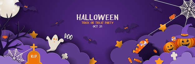 Banner de feliz halloween con nubes nocturnas y calabazas en estilo de corte de papel