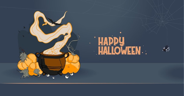 Banner de feliz Halloween o fondo de invitación de fiesta con nubes nocturnas y calabazas