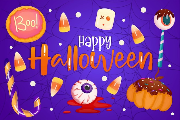 Banner de feliz Halloween púrpura con maíz dulce de postre y globo ocular Fondo lindo Diseño vectorial Diseño de concepto moderno Plantilla de banner web de feliz halloween