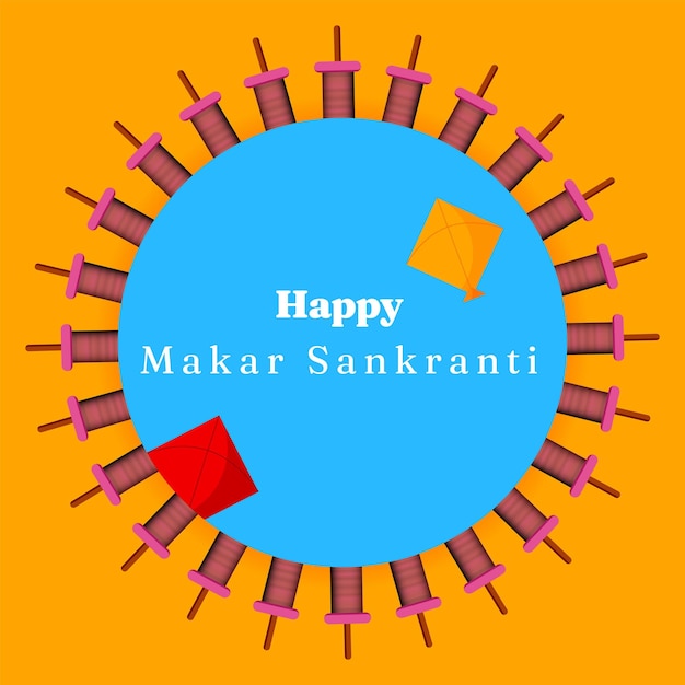 Banner feliz makar sankranti creado con cometas coloridas y objetos charkhi