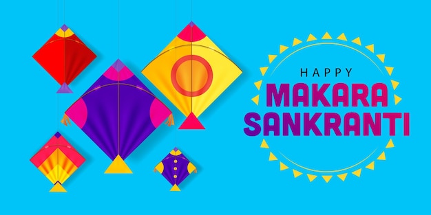 Banner feliz makara sankrantii con cometas festivas colgando