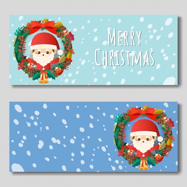 Banner de feliz navidad con anillo de navidad y santa claus.