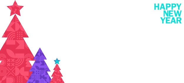 Banner de feliz navidad y feliz año nuevo diseño moderno de navidad con elementos geométricos abstractos árbol de navidad copo de nieve conejito cartel horizontal tarjeta de felicitación venta banner sitio web