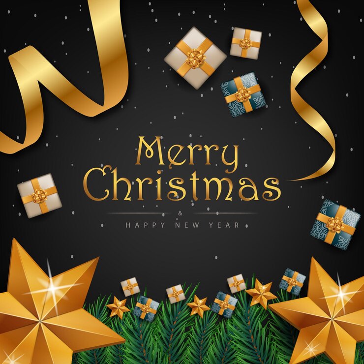 Banner de feliz navidad feliz año nuevo con estrellas doradas y caja de regalo Vector premium