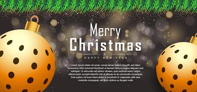 Banner de feliz Navidad fondo negro con elementos navideños realistas Vector Premium