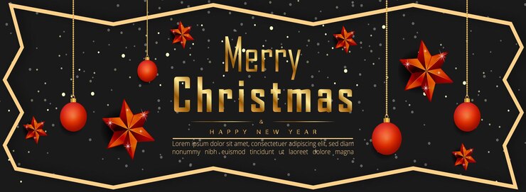 Banner de feliz Navidad fondo negro con elementos navideños realistas Vector Premium