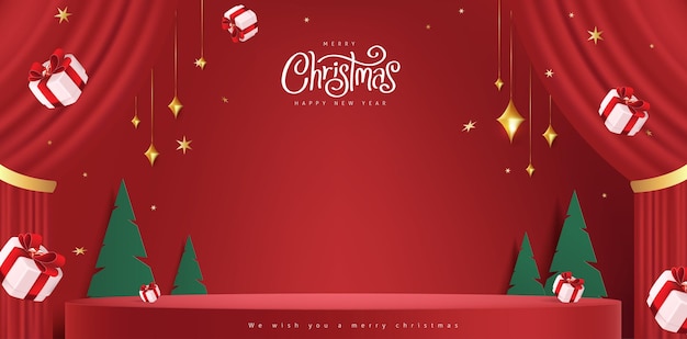 Banner de feliz Navidad con forma cilíndrica de exhibición de productos escénicos y decoración festiva