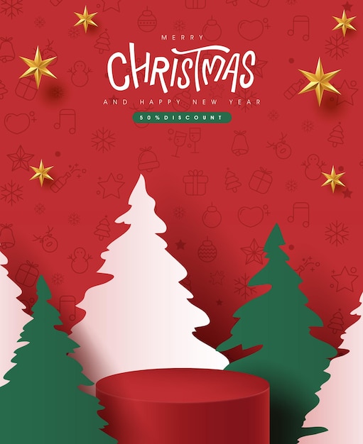 Vector banner de feliz navidad con forma cilíndrica de exhibición de productos y estilo de corte de papel de árbol de navidad