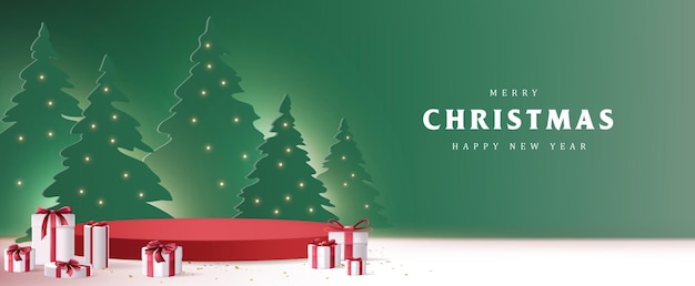 Banner de feliz Navidad con forma cilíndrica de exhibición de productos y estilo de corte de papel de árbol de Navidad