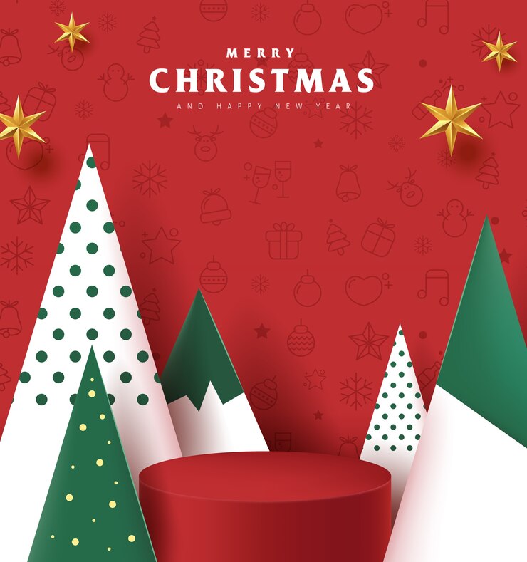 Vector banner de feliz navidad con forma cilíndrica de exhibición de productos