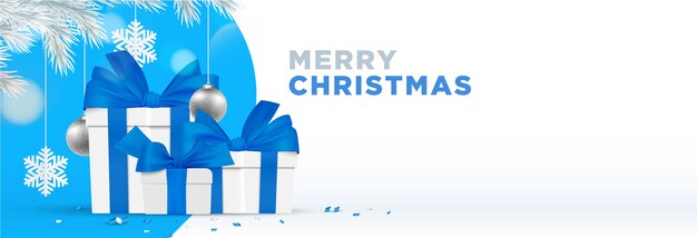 Banner de feliz navidad. ilustración de navidad de tema de invierno azul realista