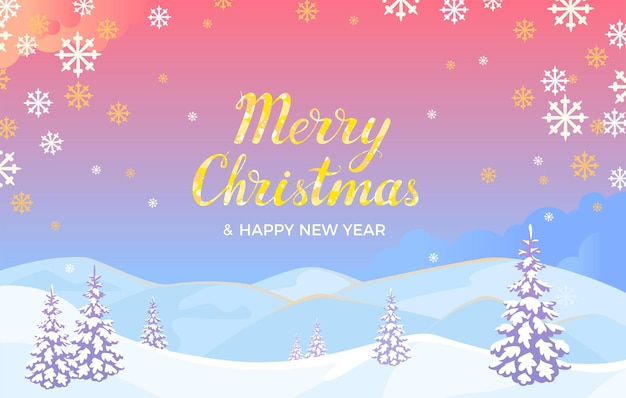 Banner de feliz Navidad y próspero año nuevo con letras doradas sobre fondo de paisaje de invierno