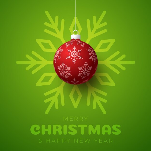 Banner de feliz navidad y próspero año nuevo. tarjeta de ilustración vectorial con bola de árbol de navidad roja sobre fondo verde de copo de nieve de lujo con letras modernas