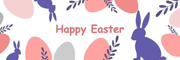Banner feliz Pascua con liebres y huevos vector ilustración