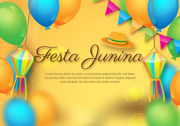 Vector banner de festa junina con globos estrellas partículas cinta dorada