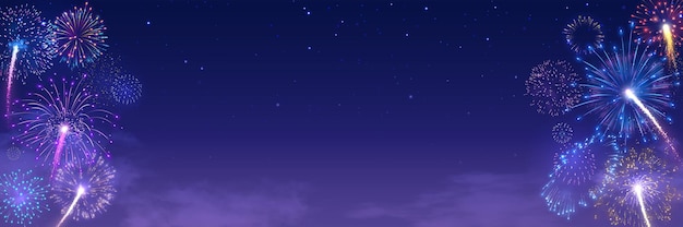 Vector banner del festival de fuegos artificiales con explosiones de fuegos artificiales en el cielo nocturno estrellado