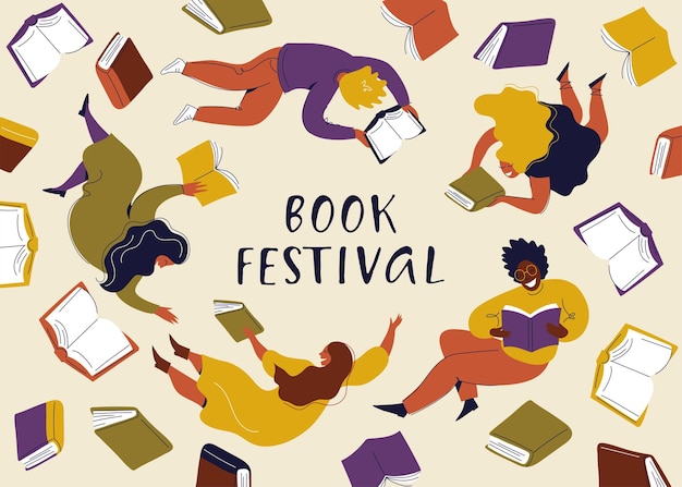 Banner para el festival del libro con libros abiertos y gente voladora.