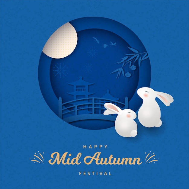 Banner del festival del medio otoño, conejos lindos viendo luna llena. vector