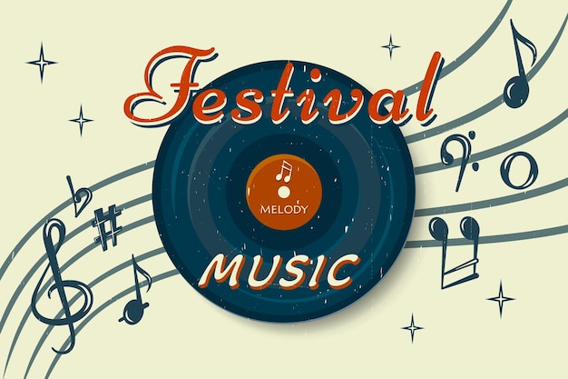 Banner del festival de música Fondo de música clásica con notas, placas de música y letras para el diseño de la fiesta del concierto del cartel del volante Ilustración vectorial