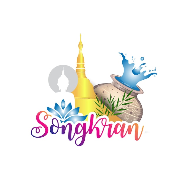 Banner del festival de salpicaduras de agua de Songkran Tailandia. Puntos de referencia tailandeses como templo, ilustración vectorial de Buda