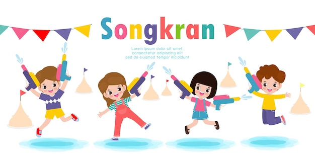 Banner del festival Songkran con niños sosteniendo pistola de agua