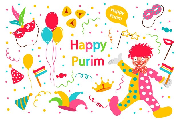 Banner para la festividad judía Purim con máscaras y accesorios tradicionales Happy Purim