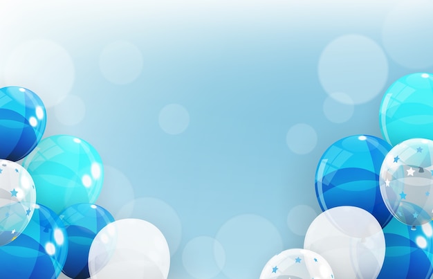 Banner festivo con globos azules y blancos y luces bokeh