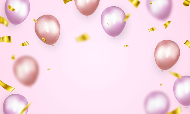 Banner de fiesta de celebración con fondo de globos de color rosa. ilustración de venta gran apertura de la tarjeta de felicitación de lujo rico.