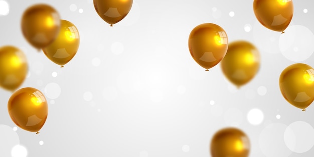Banner de fiesta de celebración con fondo de globos de oro. Rebaja . Tarjeta de gran inauguración saludo de lujo rico.
