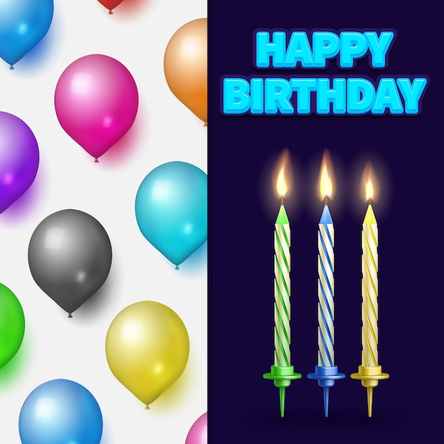 Banner de fiesta de cumpleaños o tarjeta con velas de pastel y globos