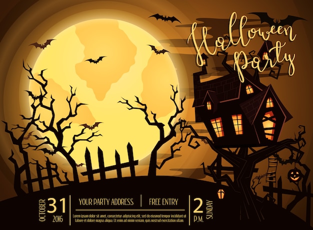 Banner de fiesta de halloween con castillo espeluznante