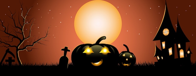 Banner de fiesta de Halloween, luna llena, casa embrujada, calabazas en el cementerio.