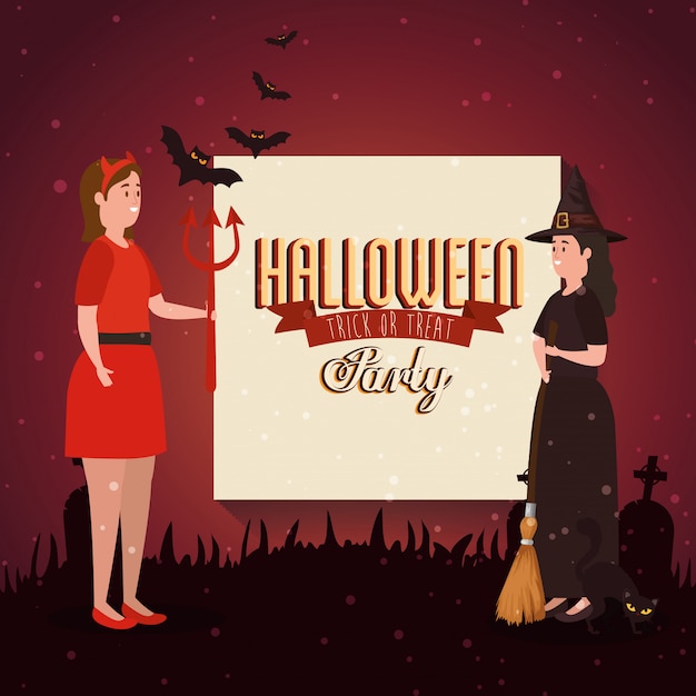 Vector banner de fiesta de halloween con mujeres disfrazadas