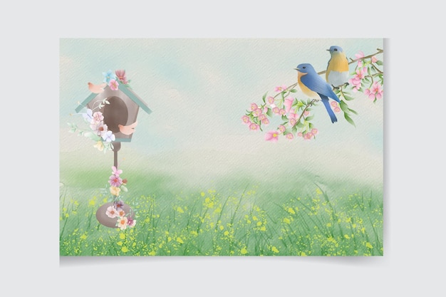 Banner de fiesta de jardín de primavera de acuarela de casa de pájaros