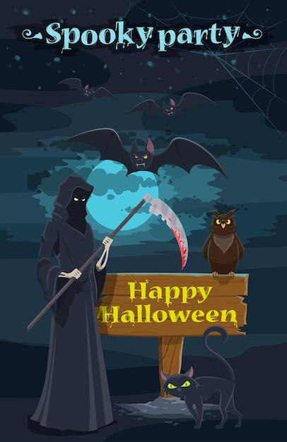 Banner de fiesta de noche de vacaciones de halloween con esqueleto